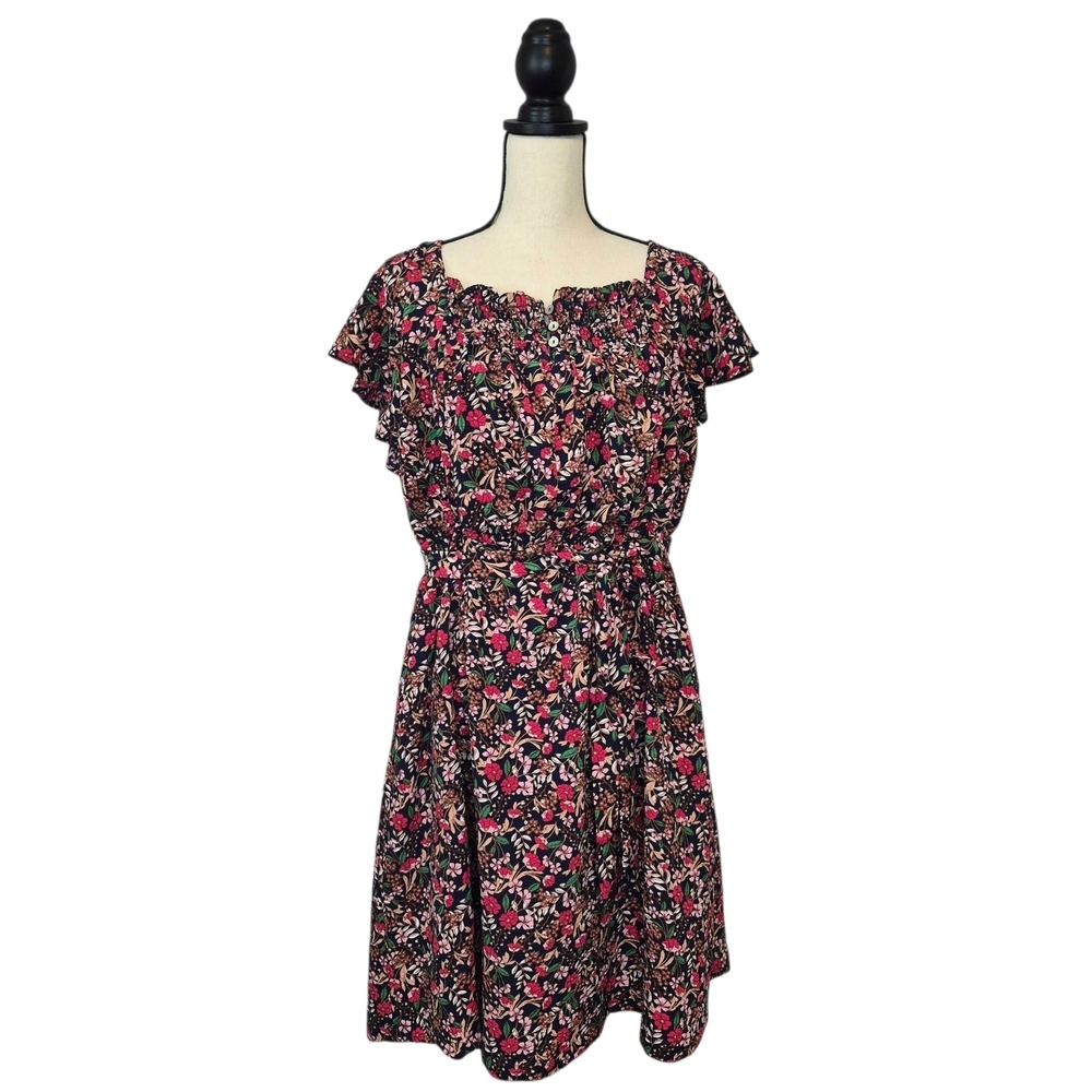 Draper James Dress Navy Floral Ruffle Sleeves Tie Belt Smocked Top Women's Sz XL - Picture 1 of 10